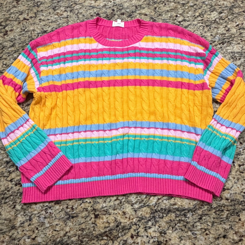 BIBI Womens Rainbow Striped Cable Knit Sweater Crew Neck Pink Yellow Large